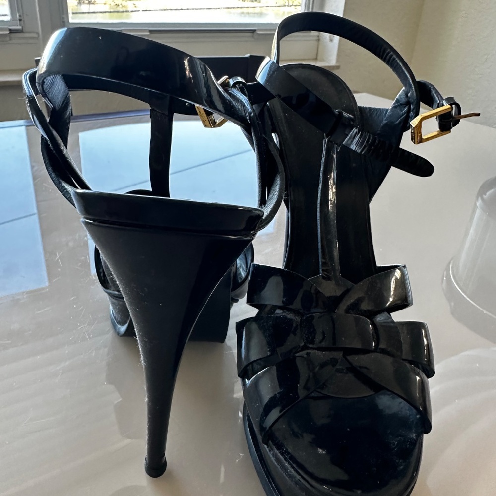 Saint Laurent YSL Tribute Black Patent Platform Sandals Heels Size 10.5 - Picture 4 of 7
